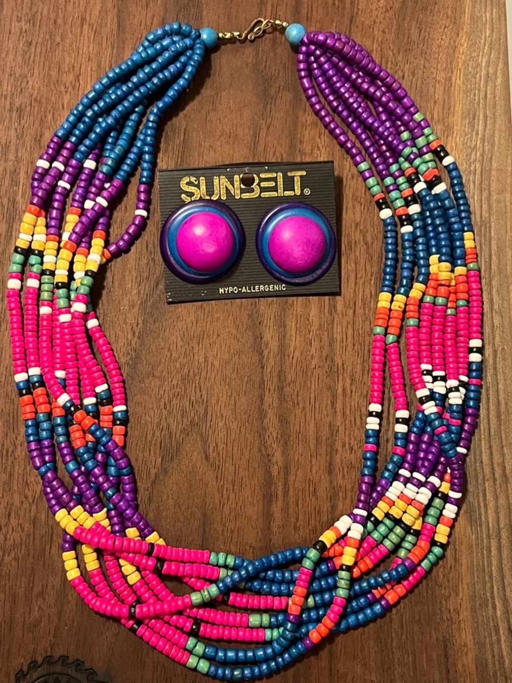 Wooden Beaded necklace- Vintage 80's hollow 8 strand colorful rainbow retro